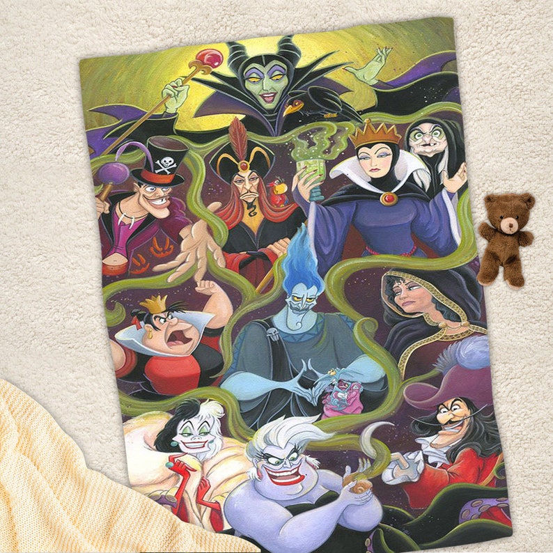 May include: A colorful illustration of Disney villains, including Maleficent, Ursula, Cruella de Vil, Captain Hook, and more. The villains are depicted in their iconic poses and costumes, with a dark and whimsical background.