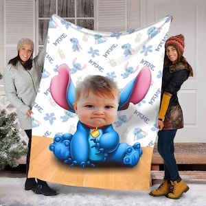 Personalized Photo Blanket, Custom Name Stitch Blanket, Stitch Blanket, Lilo And Stitch Blanket, Ohana Means Family, Stitch Birthday Gifts