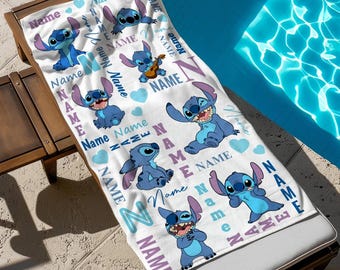 Customized Name Stitch Pattern Beach Towel, Disney Bath Towel, Pool Towel, Disneyland Gift For Kid, Kids Beach Towel, Summer Vacation