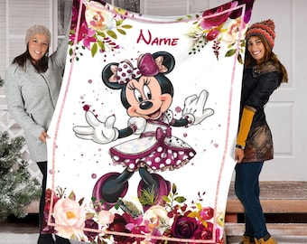 Nombre personalizado Minnie con manta de flores, linda manta Minnie Fleece Mink Sherpa, manta Magic Kingdom, manta con nombre personalizado