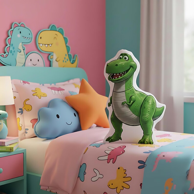 May include: A child's bedroom with a dinosaur theme. The bed has a pink comforter and pillows shaped like a star and a cloud. A large green dinosaur pillow stands upright. Dinosaur cutouts decorate the headboard.