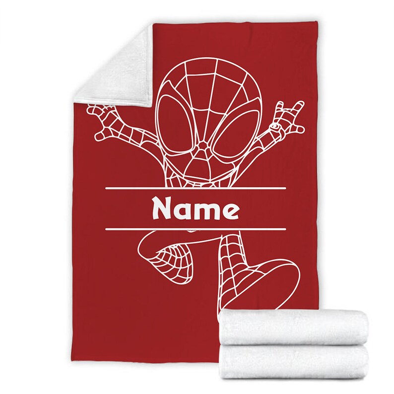 May include: A deep red fleece blanket featuring a white line art illustration of a superhero character in a dynamic pose. The design includes a horizontal white banner across the center with the word Name printed in a bold, white sans-serif font.