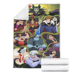 May include: A colorful illustration of Disney villains, including Maleficent, Ursula, Cruella de Vil, and Captain Hook. The villains are depicted in a dark and whimsical style, with swirling smoke and stars in the background.