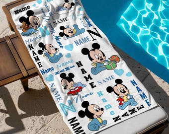 Baby Mickey Mouse Beach Towel, Custom Name Mickey Bath Towel, Pool Towel, Disneyland Gift For Kid, Kids Beach Towel, Summer Vacation
