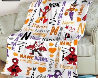 Spidey And His Amazing Friends Halloween Blanket, Spiderman Blanket, Cartoon Spidey Blanket Anniversary, Custom Name Baby Blanket