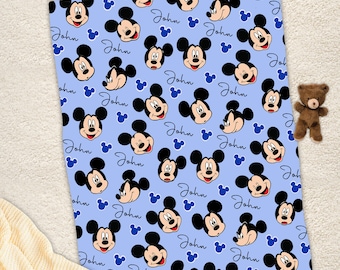 Personalized  Name Disney Baby Mickey Blanket, Mickey Pattern Fleece Mink Sherpa Blanket, Magic Kingdom Blanket, Custom Name Blanket
