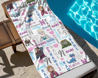 Customized Name Frozen Beach Towel, Frozen Characters Bath Towel, Pool Towel, Disney Princess Gift For Kid, Kids Beach Towel