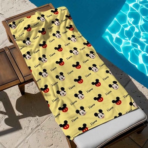 Mickey Mouse Pattern Beach Towel, Mickey Bath Towel, Pool Towel, Disneyland Gift For Kid, Kids Beach Towel, Summer Vacation, Custom Kid Name
