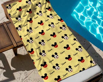 Mickey Mouse Pattern Beach Towel, Mickey Bath Towel, Pool Towel, Disneyland Gift For Kid, Kids Beach Towel, Summer Vacation, Custom Kid Name
