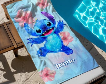 Floral Stitch Beach Towel With Name, Custom Disney Bath Towel, Pool Towel, Disneyland Gift For Kid, Kids Beach Towel, Summer Vacation
