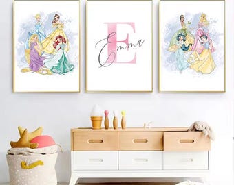 Póster personalizado de princesa Disney, póster clásico de película Disney, póster de lienzo de princesa con nombre personalizado, póster de Ariel