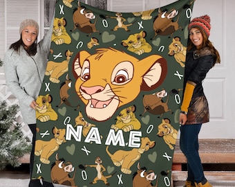 Nombre personalizado bebé Simba y amigos manta, manta del Rey León de Disney, regalo de cumpleaños del Rey León, manta Sherpa de visón de lana Simba