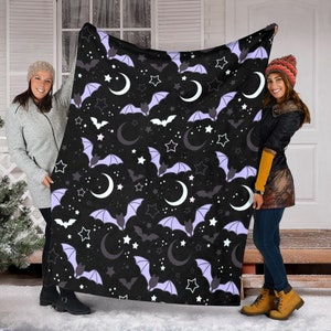 Halloween Bats Blanket, Pumpkin Halloween Bat Throw Blanket, Pumpkin Decor, Spooky Home Decor, Bats & Stars, Fleece Mink Sherpa Blanket