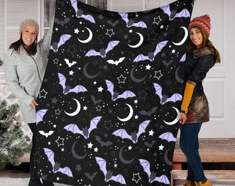 Halloween Bats Blanket, Pumpkin Halloween Bat Throw Blanket, Pumpkin Decor, Spooky Home Decor, Bats & Stars, Fleece Mink Sherpa Blanket