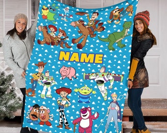 Disney Toy Story Blanket, Customized Name Toy Story Blanket, Woody, Jessie, Buzz Lightyear, Rex, Slinky, Pixar Fleece Mink Sherpa Blanket