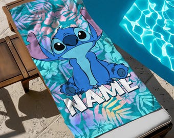 Tropical Stitch Beach Towel With Name, Disney Bath Towel, Pool Towel, Disneyland Gift For Kid, Kids Beach Towel, Summer Vacation