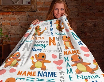 Personalized Name Charmander Blanket, PKM Anime Fleece Mink Sherpa Blanket, Cartoon Anime Blanket, Custom Name Blanket, Baby Shower