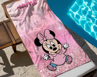 Custom Name Minnie Mouse Baby Beach Towel, Minnie Bath Towel, Pool Towel, Disneyland Gift For Kid, Kids Beach Towel, Summer Vacation