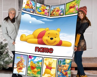 Personalized Name Winnie The Pooh Blanket, Disney Pooh Bear Fleece Mink Sherpa Blanket, Pooh Fan Gift , Magic Kingdom Blanket