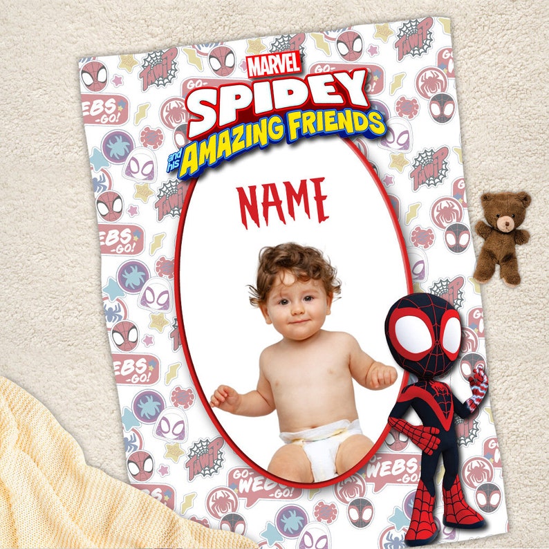 May include: A rectangular poster featuring the Marvel Spidey and His Amazing Friends logo at the top, a central oval frame for a photo with the text NAME above it, and a pattern of character icons. A small brown teddy bear sits on the right.