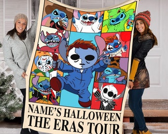 Personalized Name Horror Stitch Eras Tour Blanket, Stitch Cosplay Horror Characters Blanket, Halloween Costume Stitch Blanket, Gift For Kid