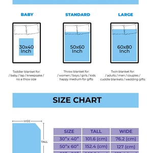 May include: A size comparison chart for blankets, with baby, standard, and large sizes. The baby blanket is 30x40 inches, the standard is 50x60 inches, and the large is 60x80 inches. A size chart shows dimensions in inches and centimeters.