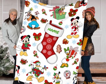 Personalized Name Mickey And Friends Blanket, Christmas Disney Blanket, Minnie, Daisy, Donald, Goofy, Pluto, Fleece Mink Sherpa Blanket