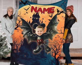 Custom Baby Photo Mickey Mouse Blanket, Halloween Bat Mickey Blanket, Halloween Fleece Mink Sherpa Blanket, Magic Kingdom, Halloween Moon