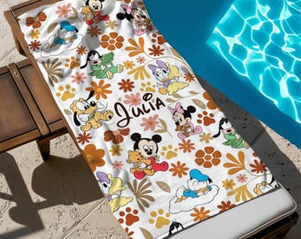 Floral Mickey And Friends Beach Towel, Customized Name Disney Bath Towel, Pool Towel, Gift For Kid, Kids Beach Towel, Summer Vacation