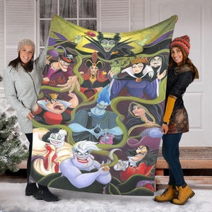 May include: A colorful blanket featuring Disney villains, including Maleficent, Ursula, Cruella de Vil, and Captain Hook. The villains are depicted in their iconic poses and surrounded by swirling green smoke.
