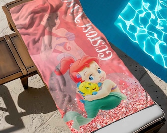 Custom Name Baby Princess Ariel Beach Towel, The Little Mermaid Bath Towel, Pool Towel, Disneyland Gift For Kid, Kids Beach Towel