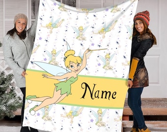 Personalized Name Disney Tinker Bell Blanket, Magic Kingdom Fleece Mink Sherpa Blanket, Personalized Name Blanket,  Gift For Fans