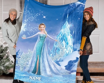 Personalized Photo Face Blanket, Custom Princess Elsa Blanket,  Frozen Fleece Mink Sherpa Blanket, Magic Kingdom Blanket