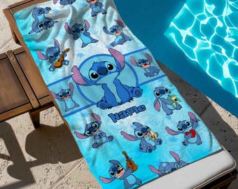 Custom Name Ohana Stitch Beach Towel, Disney Bath Towel, Pool Towel, Disneyland Gift For Kid, Kids Beach Towel, Summer Vacation