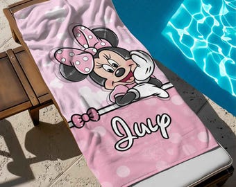Custom Name Minnie Mouse Beach Towel, Minnie Bath Towel, Pool Towel, Disneyland Gift For Kid, Kids Beach Towel, Summer Vacation