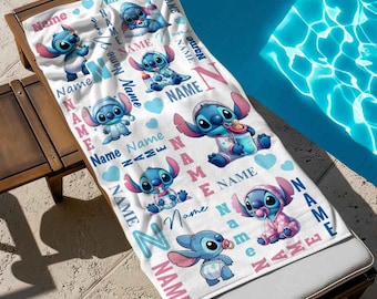 Custom Name Stitch Pattern Beach Towel, Disney Bath Towel, Pool Towel, Disneyland Gift For Kid, Kids Beach Towel, Summer Vacation