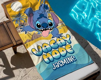 Stitch Vacay Mode Beach Towel With Name, Disney Bath Towel, Pool Towel, Disneyland Gift For Kid, Kids Beach Towel, Summer Vacation