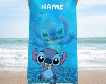 Custom Name Baby Stitch Beach Towel, Disney Bath Towel, Pool Towel, Disneyland Gift For Kid, Kids Beach Towel, Summer Vacation