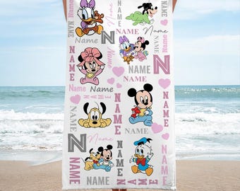 Custom Name Mickey And Friends Baby Beach Towel,  Disney Bath Towel, Pool Towel, Disneyland Gift For Kid, Kids Beach Towel, Summer Vacation