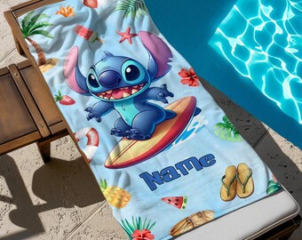 Custom Name Stitch Summer Beach Towel, Disney Bath Towel, Pool Towel, Disneyland Gift For Kid, Kids Beach Towel, Summer Vacation