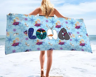 Customized Letter Name Frozen Beach Towel, Frozen Characters Bath Towel, Pool Towel, Disney Princess Gift For Kid, Kids Beach Towel