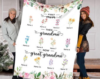 Personalized Birth Month Flowers First Mom, Then Grandma, Now Great Grandma Blanket, Mothers Day Gift, Great Grandmother Gifts, Grandma Gift