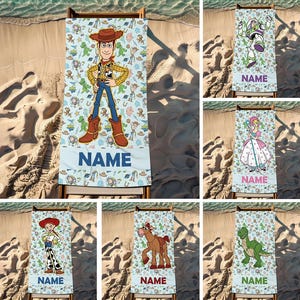 Customized Name Toy Story Characters Beach Towel, Disney Bath Towel, Pool Towel, Disneyland Gift For Kid, Kids Beach Towel, Summer Vacation