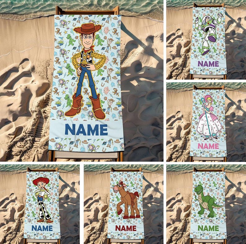 May include: A rectangular beach towel featuring a repeating pattern of Toy Story characters including Woody, Buzz Lightyear, Bo Peep, Jessie, Bullseye, and Rex. The towel includes a large central character graphic and a space labeled NAME.