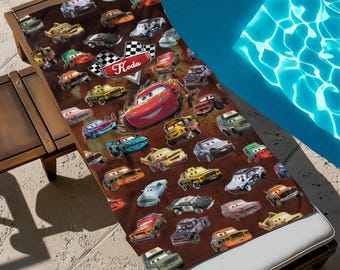Custom Name Disney Cars Characters Beach Towel, Lightning McQueen Bath Towel, Pool Towel, Gift For Kid, Kids Beach Towel, Summer Gift