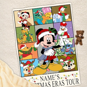 May include: A Christmas-themed blanket featuring Mickey Mouse and other Disney characters in festive attire. The blanket has a grid design with each square showcasing a different character, including Goofy, Donald Duck, and Stitch. The text "NAME'S CHRISTMAS ERAS TOUR" is at the bottom.