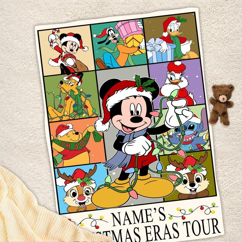 May include: A Christmas-themed blanket featuring Mickey Mouse and other Disney characters in festive attire. The blanket has a grid design with each square showcasing a different character, including Goofy, Donald Duck, and Stitch. The text "NAME'S CHRISTMAS ERAS TOUR" is at the bottom.