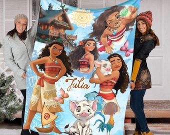 Personalized Princess Moana Watercolor Blanket, Disney Princess Baby Name Blanket, Disney Moana Blanket, Moana Cartoon Characters