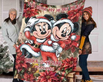 Christmas Mickey And Minnie Blanket, Personalized Name Christmas Wedding Blanket, Disney Blanket, Vintage Christmas Couple Blanket