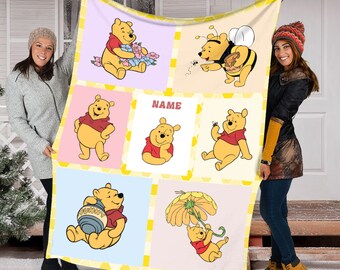 Personalized Name Cute Pooh Bear Blanket, Disney Winnie The Pooh Fleece Mink Sherpa Blanket, Pooh Fan Gift , Magic Kingdom Blanket